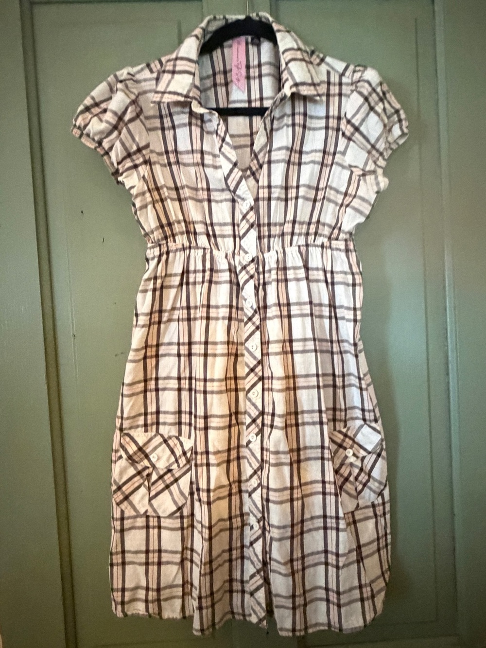 Taylor Swift Cream and Brown Plaid Button-Front Mini Dress